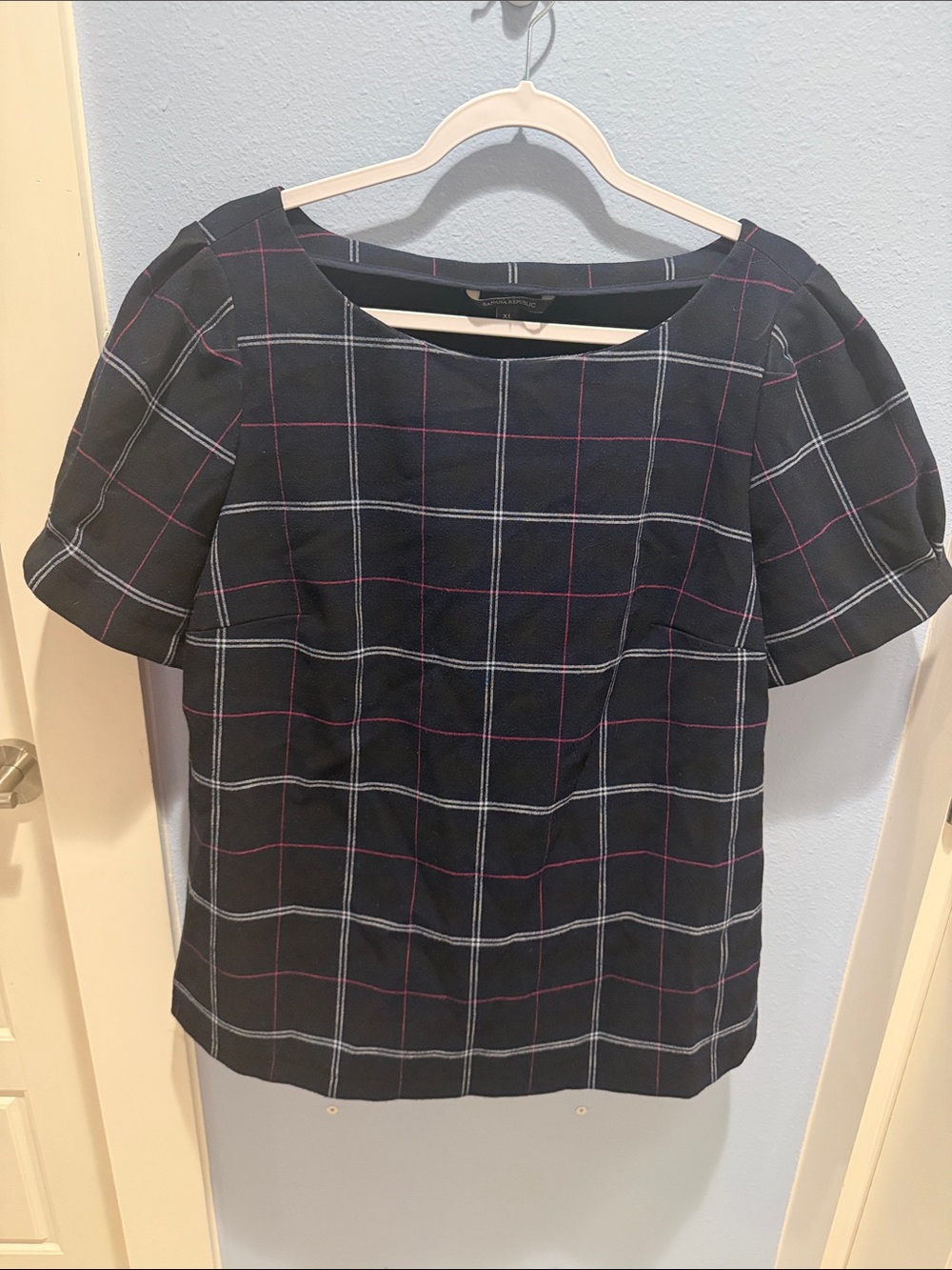 Banana Republic Navy Windowpane Puff Sleeve Top